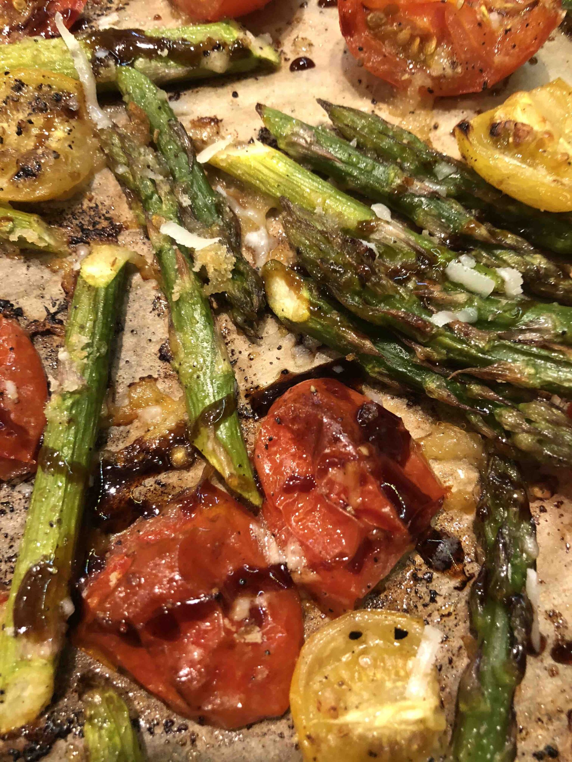 roasted asparagus + heirloom cherry tomato rocket market